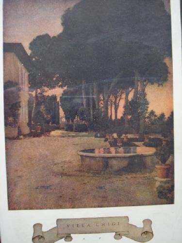 VILLA CHIGI, ITALIAN VILLAS & GARDENS - M. PARRISH: MAXFIELD PARRISH - Print, 1915, The Century Company, Framed, Approx.7 1/2" x 9 1/2". Villa Chigi is on the center banner. MP is underneath.