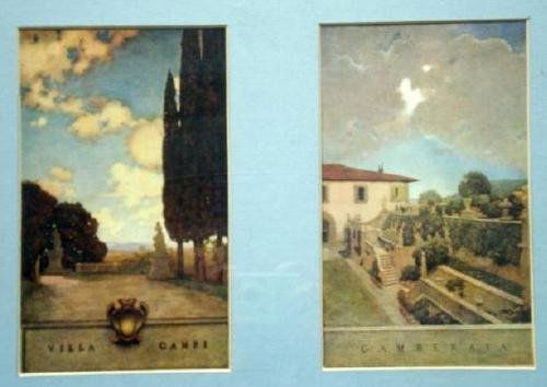 VILLA CAMPI/GAMBERAIA, ITALIAN VILLAS - M. PARRISH: MAXFIELD PARRISH - Double Print - matted, 1915, The Century Company, Framed, Approx.12 3/4" x 15 1/2". The center of #1 reads Villa Camp and there is an MP in the lower right corner. The center of #2