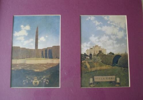 THEATRE AT LA PALLAZENA/VILLA GORI - PARRISH: MAXFIELD PARRISH - Double Print - matted, 1915, The Century Company, Framed, Approx.11 1/2" x 16". #2 reads Villa Gori in the center and MP is located underneath.