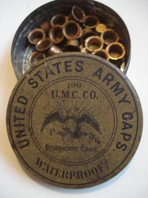 Percussion Cap Box with US Army Caps & Contents: CS Storms, NY 1861 Good Condition