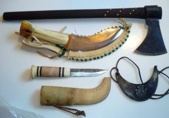 Gorget, Hudson Bay, 2 Indian knives, Tomahawk: Lot of two