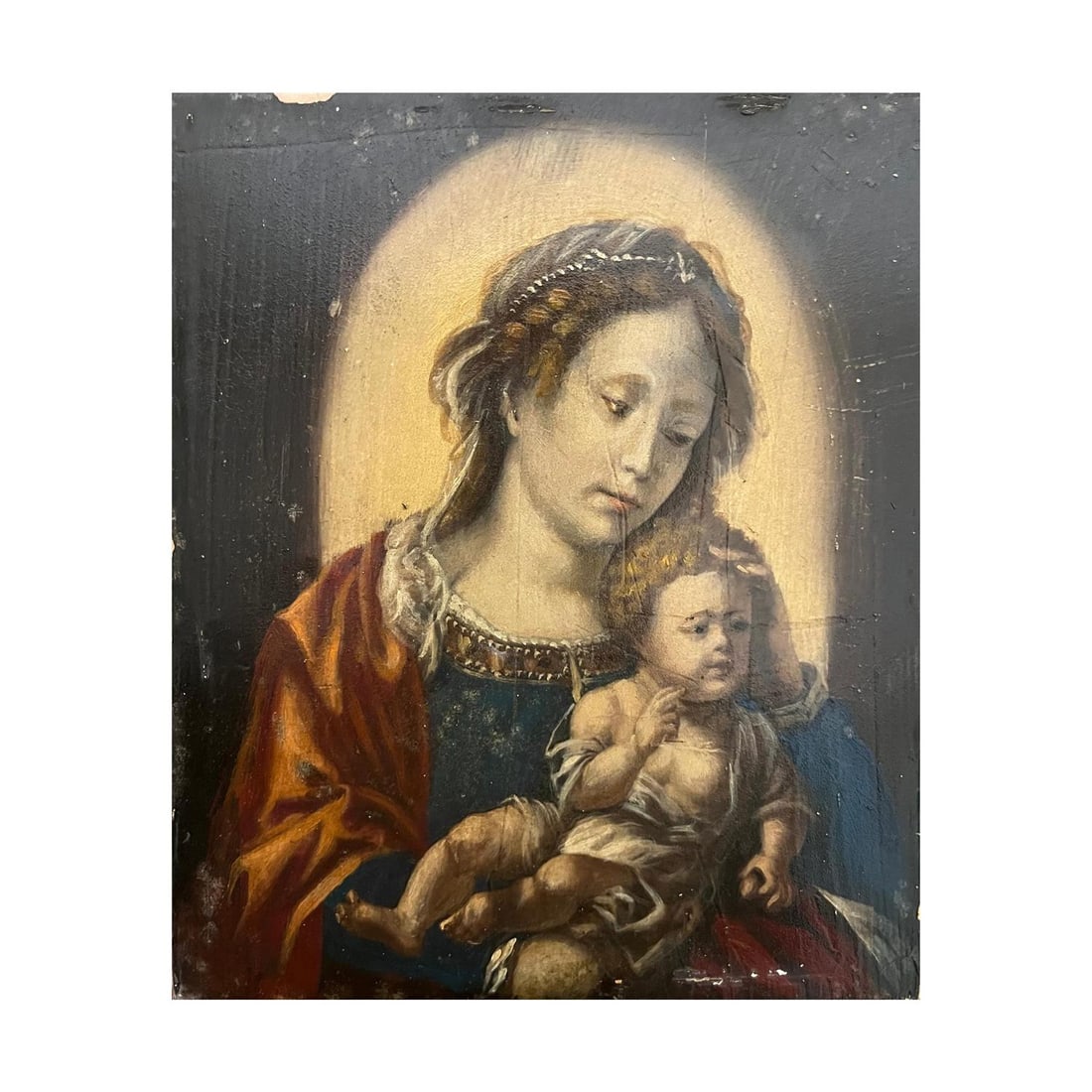 Virgin and Child: Oil painting on copper, depicting the Virgin and Child, after Jan Gossaert. Academic style, Italian school, 20th century. (Defects)Anonymous author