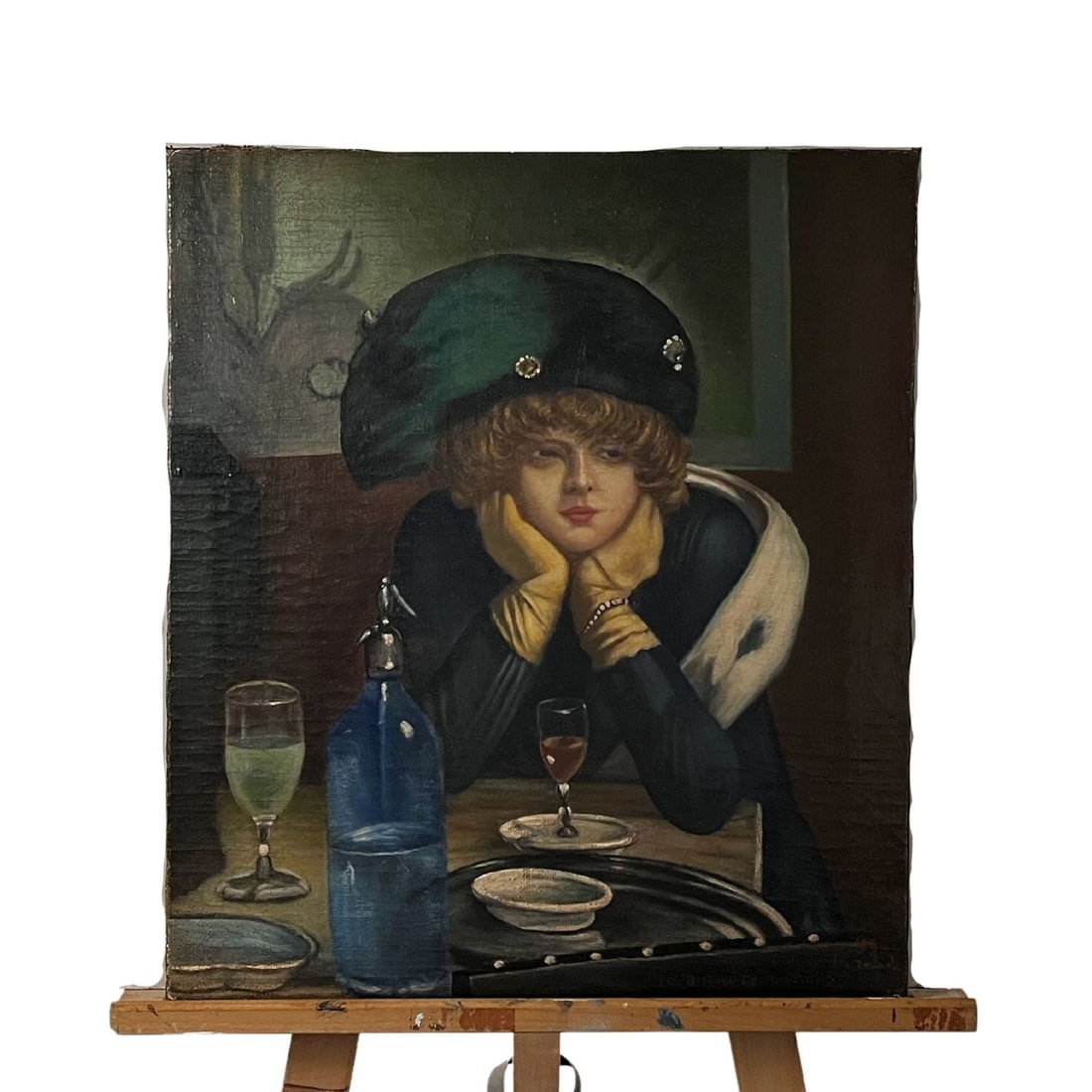 Girl at the bistro: Oil painting on canvas, French school, depicting Girl at the bistro. Copy executed in 1950 by an unidentified artist. From Jean Béraud (1849-1935). Dimensions: 47.5x54.