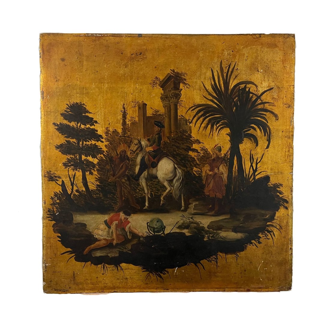 knights on horseback with ruins, an Indian character, and a world map.: Oil painting on wood with a gold background, 18th-century period, depicting knights on horseback with ruins, an Indian character, and a world map. Dimensions: 61x63 Minor defects and shortcomings.Anon