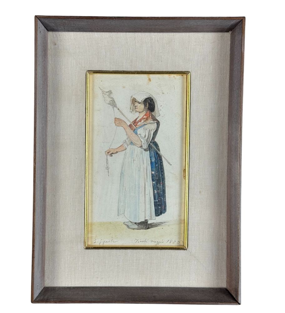 Countrywoman - Giacinto Gigante: Watercolor painting on paper, late 19th/early 20th century, Italian school, depicting a countrywoman. Dimensions including frame: 23x32 cm. Inner frame dimensions: 12x20 cm. Signed lower left: Giacint