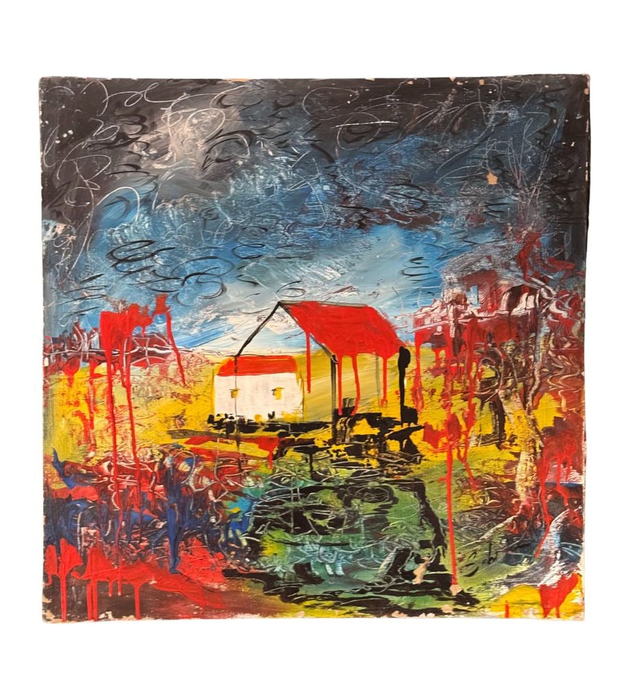 Untitled: Oil on canvas painting, 20th-century Italian school, untitled. Dimensions: 70x70 cm. In the style of and as a tribute to Mario Schifano. The work is in good condition, with minor signs of age as shown