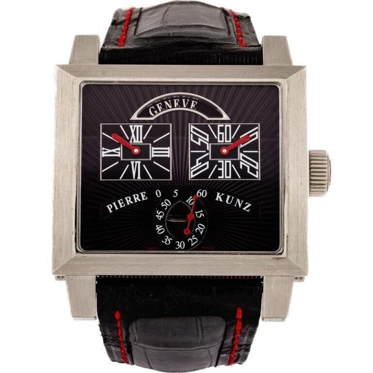 Pierre Kunz Ref. N018 Seconde Virevoltante Retrograde Stainless Steel Wrist Watch: The Vintage Pierre Kunz Seconde Virevoltante is an extraordinary stainless steel timepiece known for its innovative "Seconde Virevoltante" feature, replacing the traditional seconds hand with a rotati