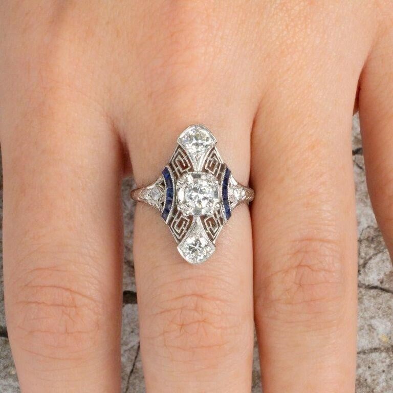 Antique Estate Art Deco Filigree 1.25 Diamond French Cut Blue Sapphire Shield Ring (1 of 6)