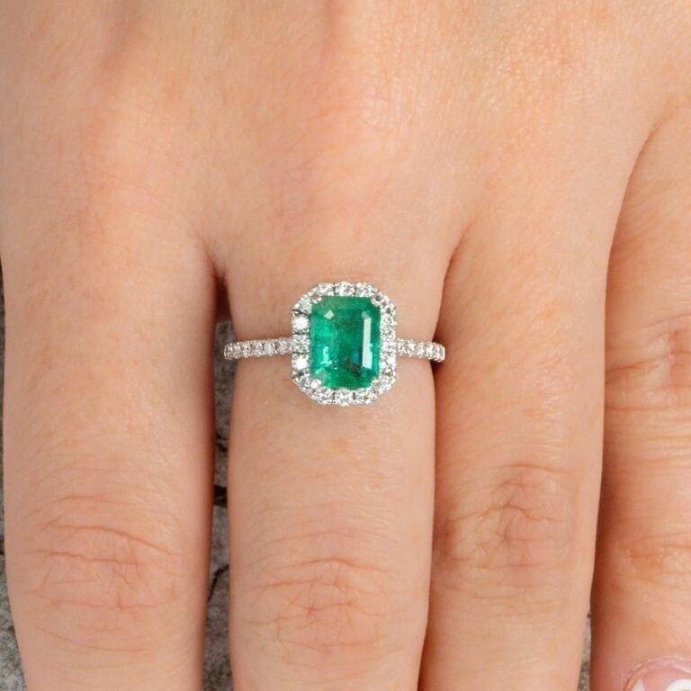 14kt White Gold Natural Emerald Diamond Halo Ring (1 of 7)