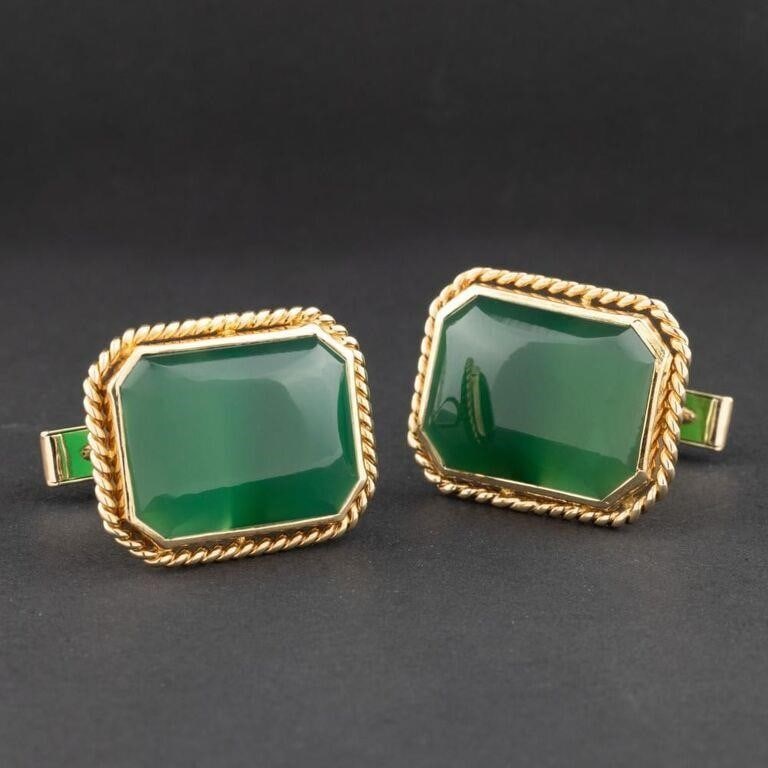 Men's Estate XL 14kt Yellow Gold 24x19 mm Natural Green Jade Cabochon Cufflinks (1 of 3)