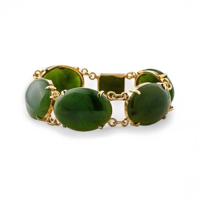 Vintage 14kt Solid Yellow Gold Genuine Green Jade Oval Cabochon Bracelet (1 of 5)