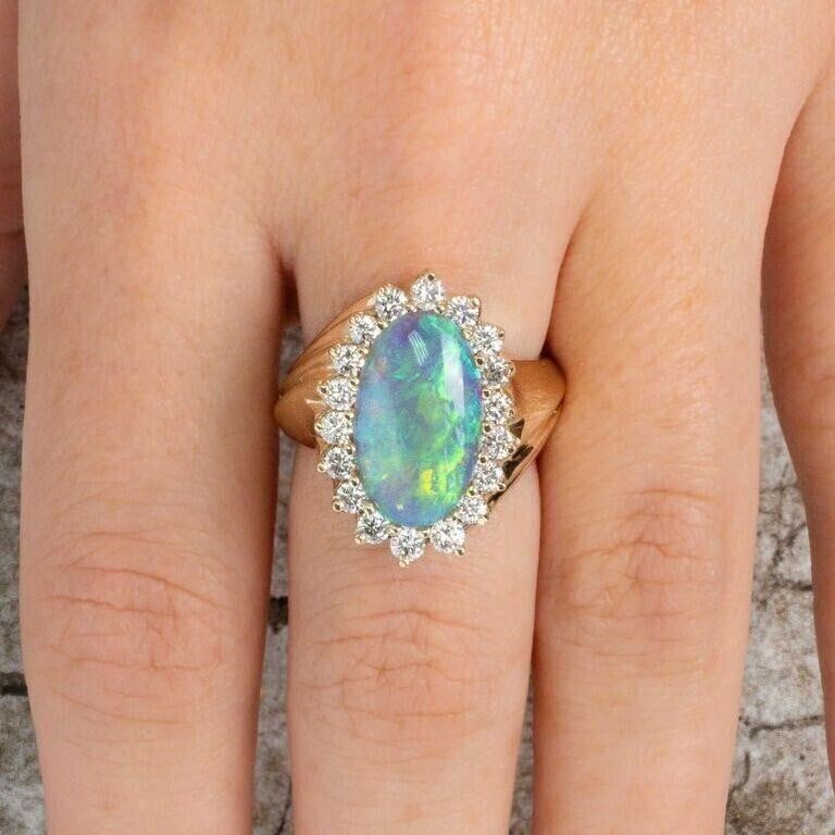 Vintage Estate Natural 15 x 9.4mm Black Opal .1ctw VS Diamond 14k Yellow Gold High Fashion Ring (1 of 8)