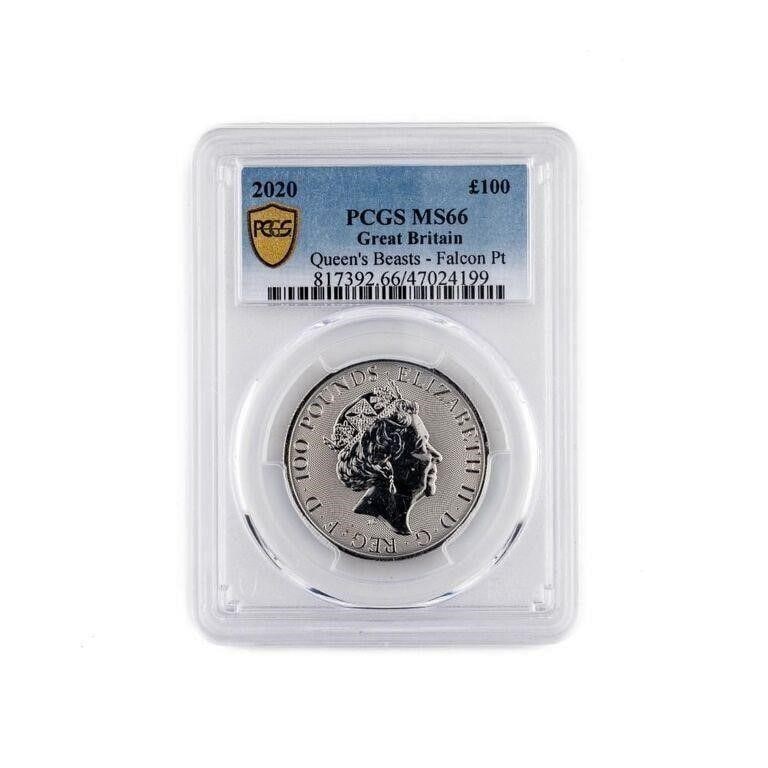 PCGS MS66 1 OZ Platinum Queen's Beasts Falcon Coin: A very fine, PCGS Certified MS66 2020 €100 Queen's Beasts- Falcon Of The Plantagenets .9995 1 Ounce Platinum Coin. Graded by PCGS as MS66, this coin exemplifies exceptional quality and design. St