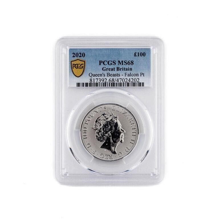 PCGS Certified MS68 2020 €100 Queen's Beasts- Falcon Of The Plantagenets .9995 1 Ounce Platinum: A very fine, PCGS Certified MS68 2020 €100 Queen's Beasts- Falcon Of The Plantagenets .9995 1 Ounce Platinum Coin Graded by PCGS as MS68, this coin exemplifies exceptional quality and design. Str
