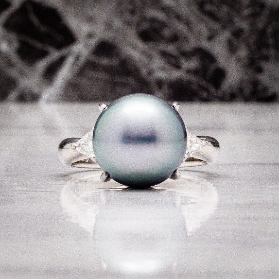 Platinum Black Pearl Trillion Diamond 3 Stone Ring (1 of 4)