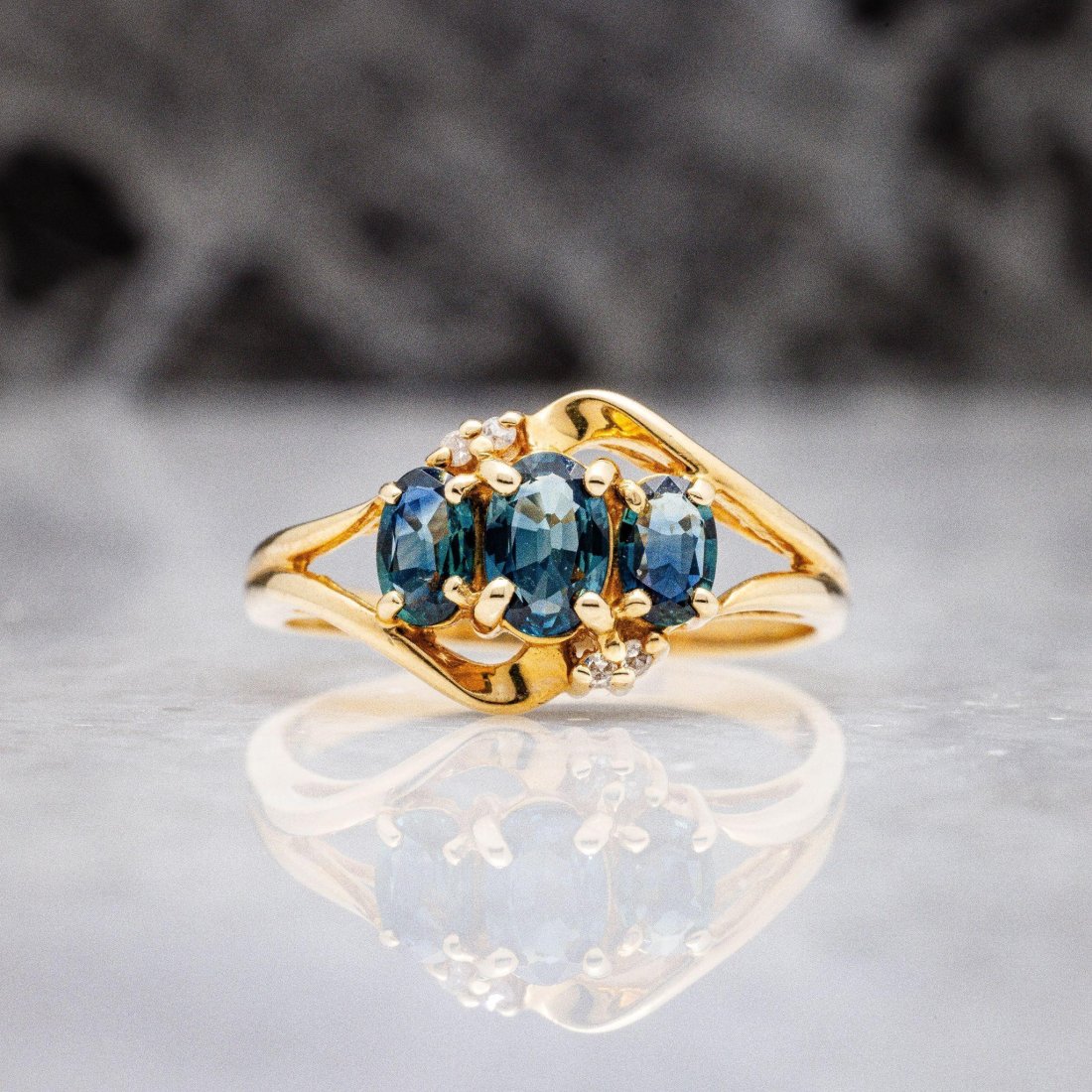10Kt Gold Three Stone Blue Sapphire Diamond Ring (1 of 5)