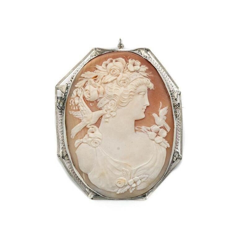 Antique XL 14kt White Gold Cameo Brooch Pin (1 of 2)
