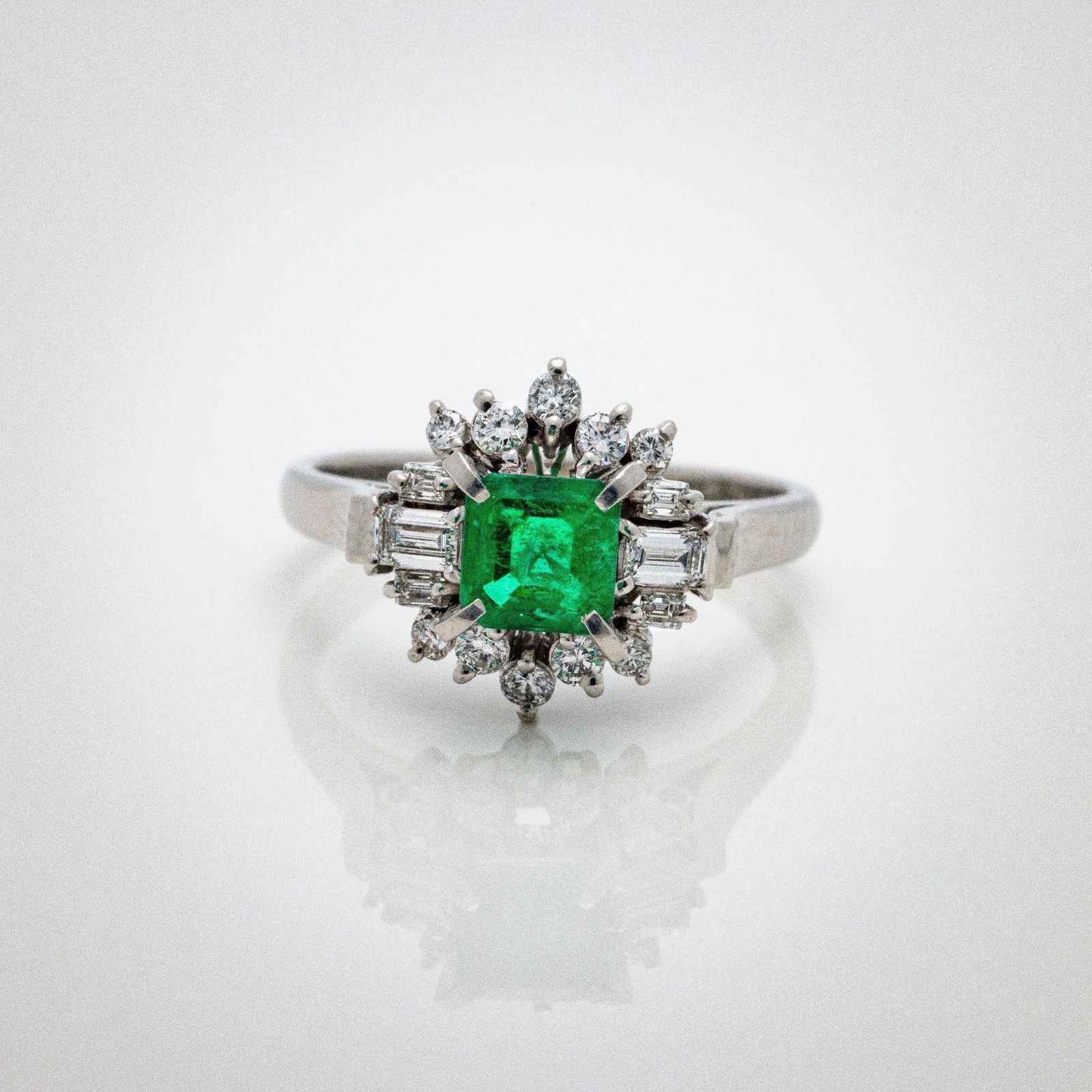 Vintage Platinum .99 ctw Emerald Diamond Halo Ring (1 of 8)