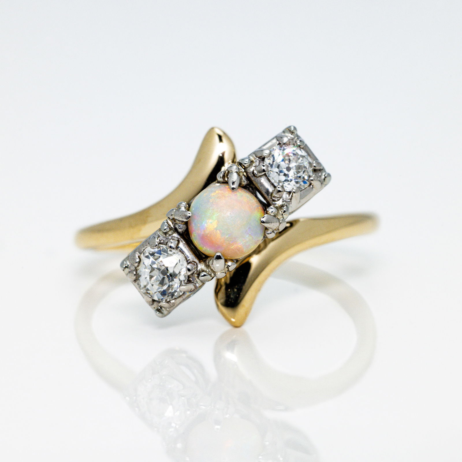 Antique 14k Gold Natural Opal Diamond 3 Stone Ring (1 of 6)
