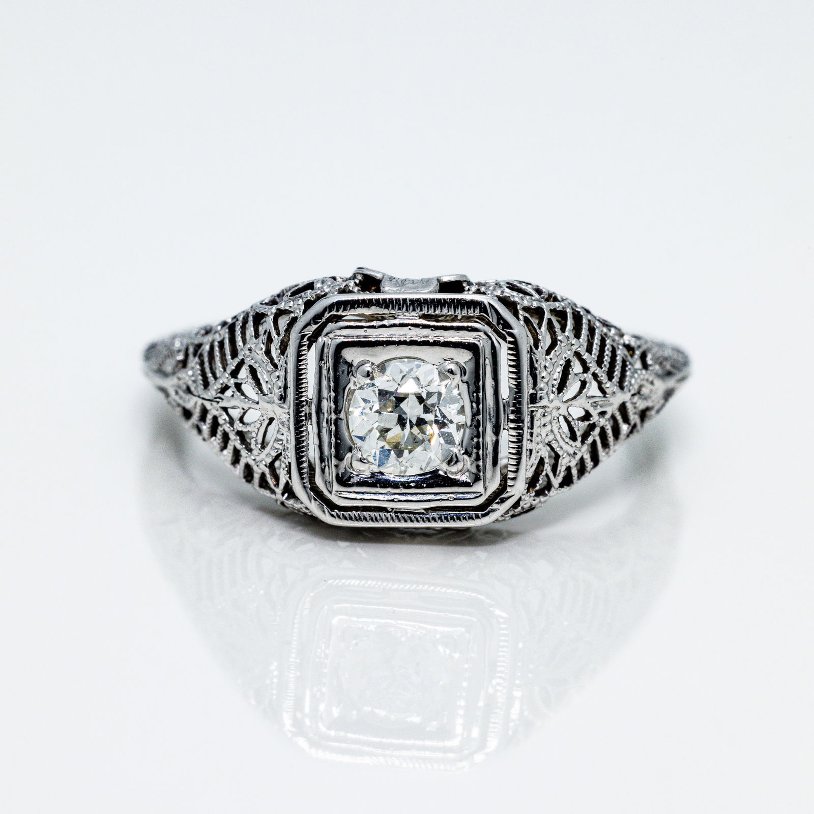 Antique 18kt White Gold Deco Filigree Diamond Ring (1 of 7)