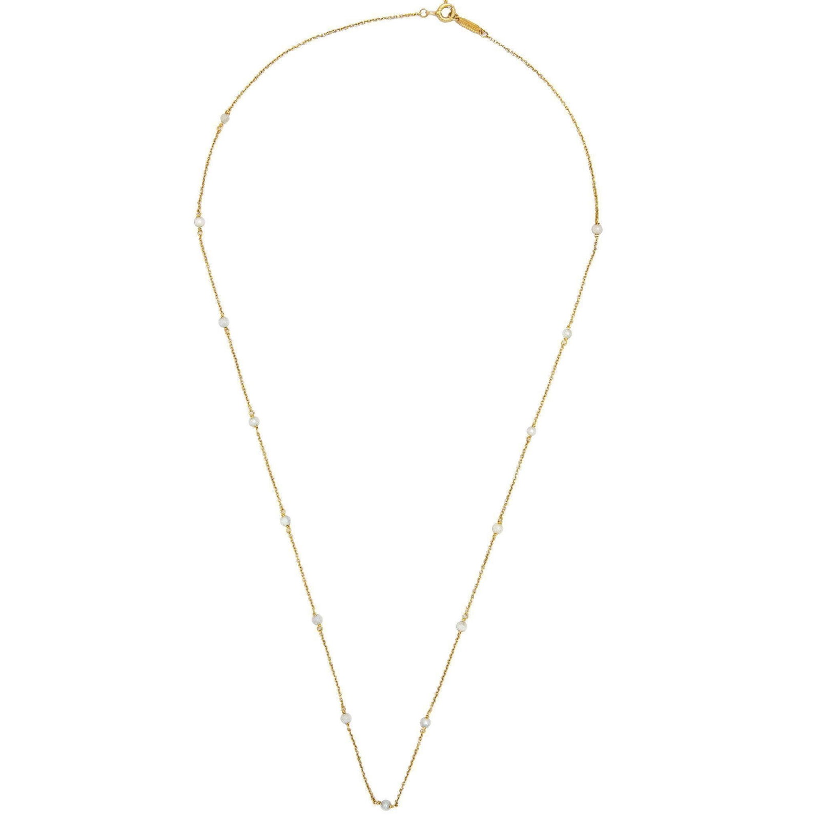 Tiffany & Co 18kt Gold Pearls By The Yard Necklace: A genuine fully signed Tiffany & co necklace featuring 14 pearl stations that are 2.5mmm each. This is guaranteed to be 100% authentic Tiffany & co. Item Type: Tiffany & Co. Pearl By The Yard Necklace