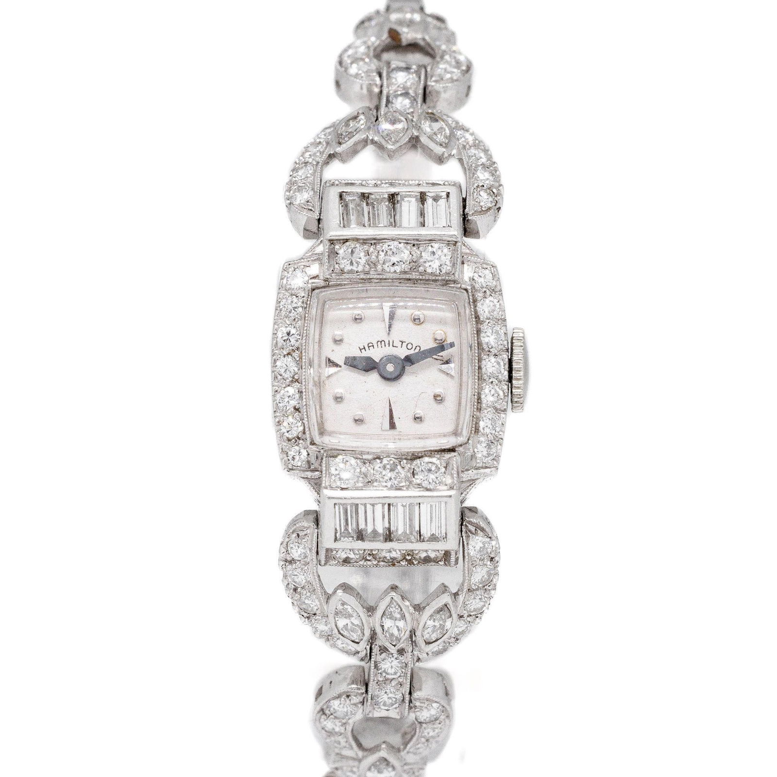 Hamilton ArtDeco Platinum 4.00 ctw Diamond Watch: A very fine watch featuring marquise, emerald cut baguette and round diamonds in fine quality. The watch is made entirely of platinum from the case to the lugs pieces that have the diamonds on them. T