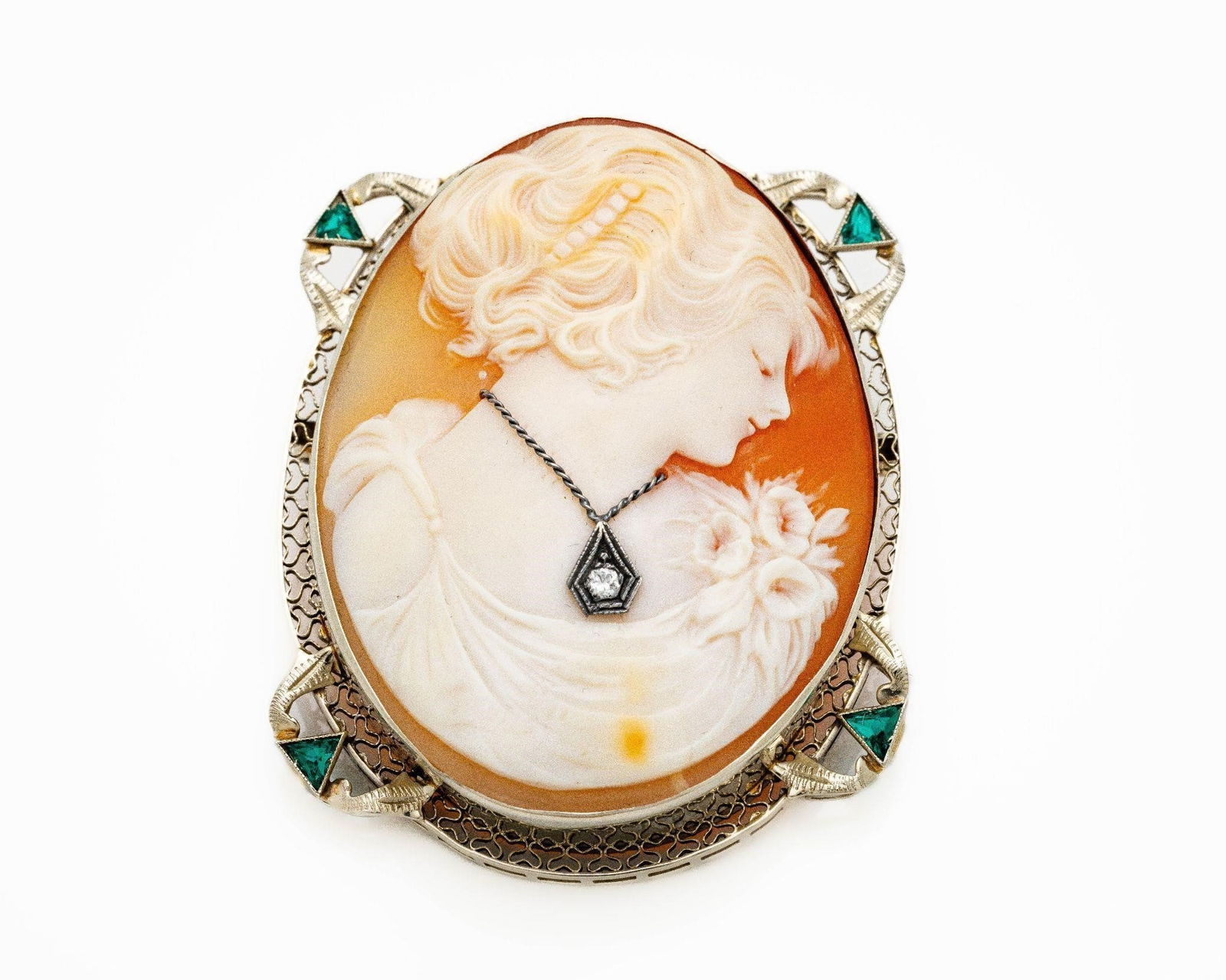 Antique 14K White Gold Diamond Emerald Brooch Pin (1 of 2)