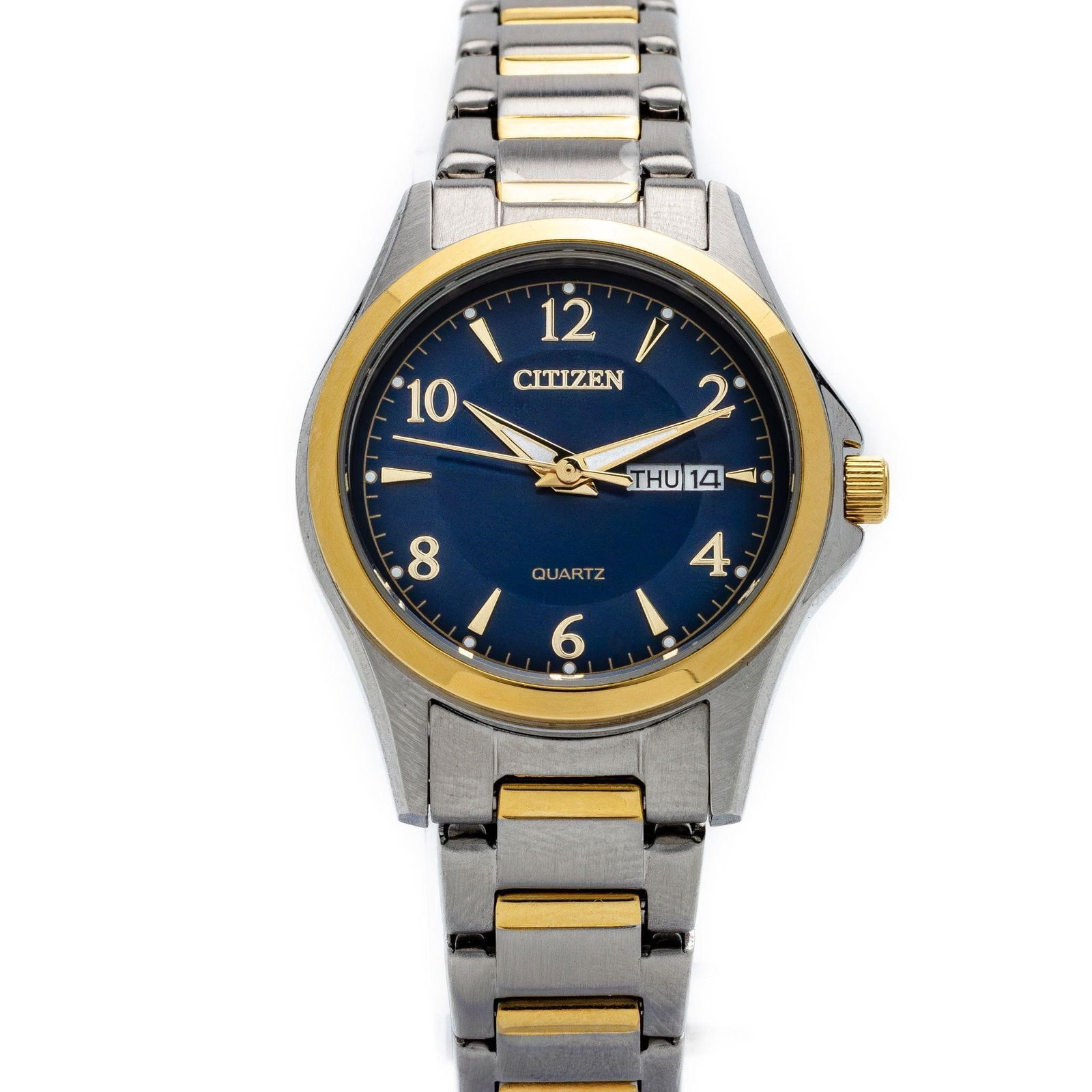 New Citizen Two-Tone Stainless Steel Wristwatch: An elegant and sophisticated choice, showcasing a modern design, a rich royal blue dial, and a distinctive two tone bracelet, exuding timeless style and refinement. Retail: $111 Brand: Citizen Model/N