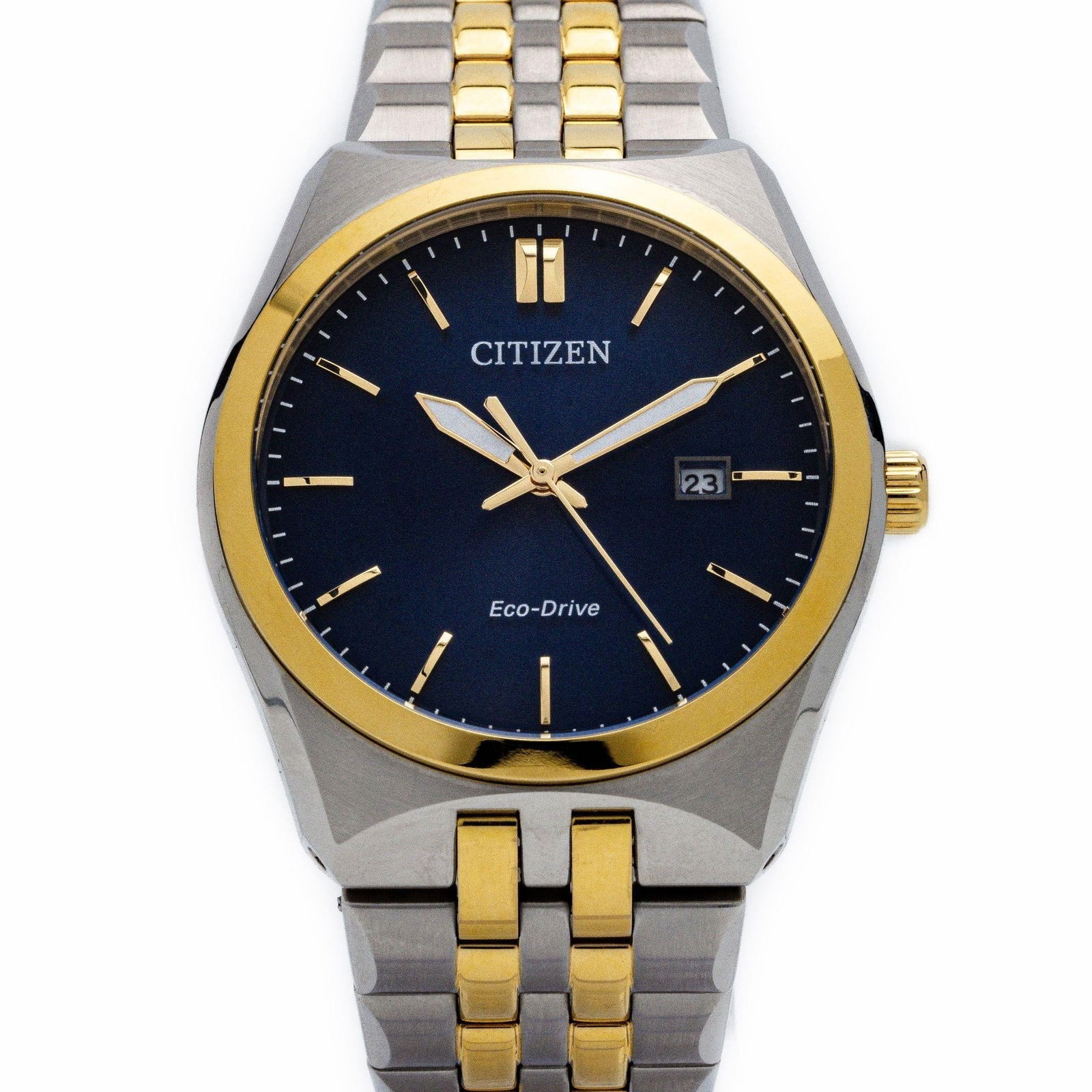 New Citizen Corso Steel Two-Tone EcoDrive Watch: A sleek and dependable companion for the contemporary citizen, showcasing stainless steel allure, a captivating blue dial, and a perfect blend of style and functionality. Brand: Citizen Model/Number: