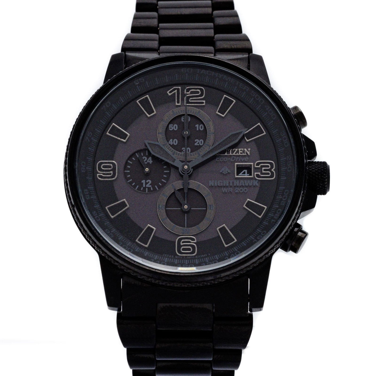 New Citizen Nighthawk Black Steel Eco-Drive Watch: This brand new Citizen Nighthawk Stainless Steel Eco-Drive Chronograph Wristwatch combines aviation-inspired design with eco-friendly technology, featuring a stainless steel case and Citizen's advance