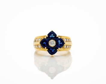 18K Yellow Gold Natural Sapphire & Diamond Ring