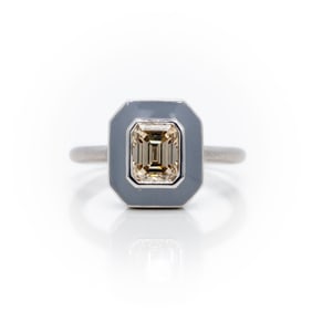 14k Gold Emerald Cut Diamond Enamel Halo Ring