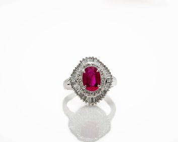 Platinum 2.43ct Ruby Diamond Halo Ballerina Ring