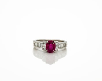 Vintage Platinum Natural Oval Ruby Diamond Ring