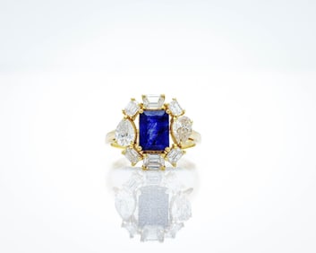 14K Yellow Gold 4.10ct Sapphire Diamond Halo Ring