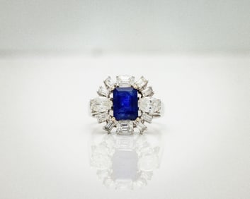 14k White Gold 2.45 Ct Sapphire Diamond Halo Ring
