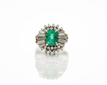 Platinum Emerald Diamond Ballerina Halo Ring