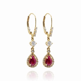 14k Yellow Gold 2.5ct Ruby Diamond Dangle Earrings