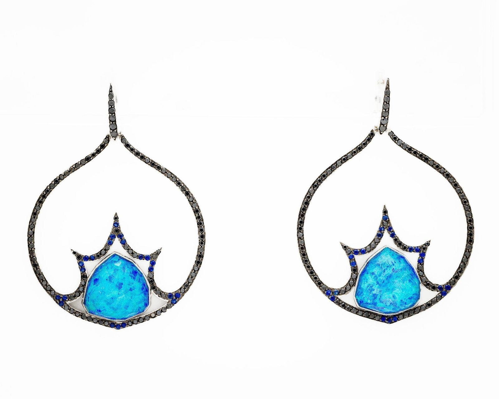 Stephen Webster 18kt Diamond Opal Quartz Earrings: Stephen Webster 18K "Murder She Wrote" Quartz & Sapphire Earrings A rare and iconic pair from Stephen Webster's "Murder She Wrote" collection, these 18K white gold earrings blend opalescent quartz, bl