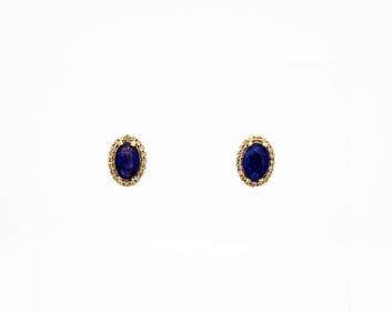 14K Gold Oval Sapphire Diamond Halo Stud Earrings