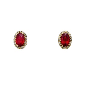 14kt Natural Red Ruby Diamond Halo Stud Earrings
