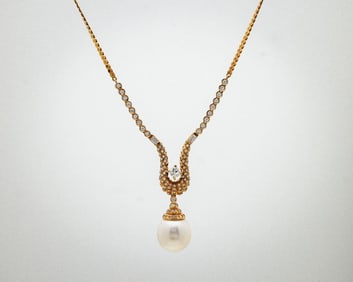 14K UnoAErre Natural Diamond & Pearl Drop Necklace