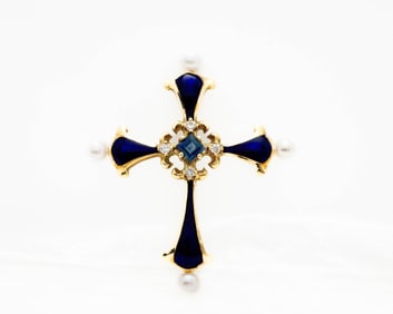 Fabergé 14k Gold Sapphire Diamond Pearl Cross