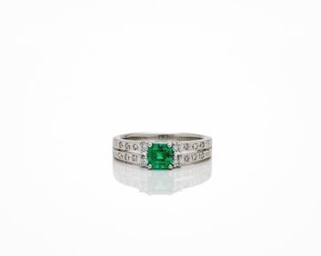 Platinum Natural Emerald & Diamond Ring