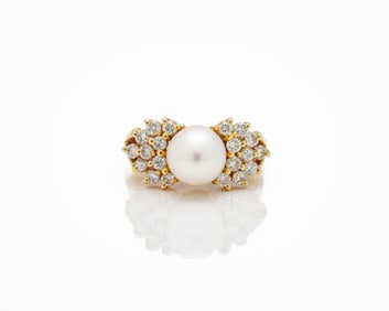 14kt Yellow Gold Natural Pearl and Diamond Ring