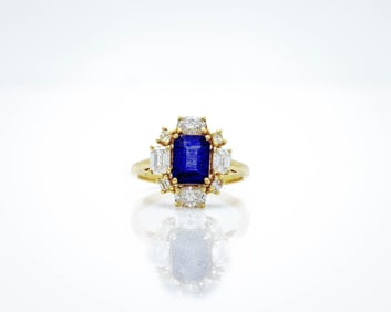 14K Yellow Gold 3.25ct Sapphire Diamond Halo Ring