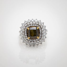 18kt GIA 4.34 CTW Fancy Green Cushion Diamond Ring