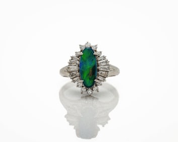 Vintage Platinum Natural Black Opal Diamond Ring