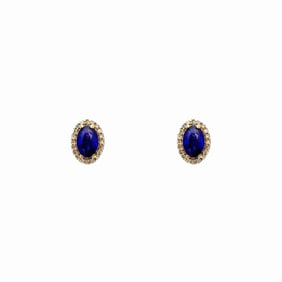 14K Gold Oval Sapphire Diamond Halo Stud Earrings