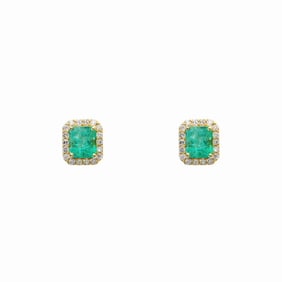 14k Gold Green Emerald Diamond Halo Stud Earrings
